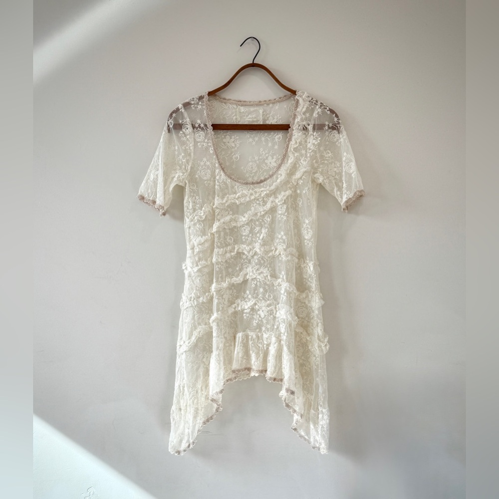 Johnny Was All White Lace Asymmetrical Short Sleeve Baby Doll Dress - Picture 3 of 13